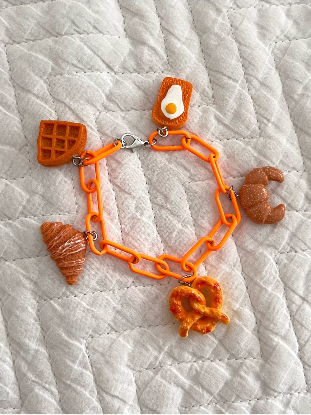NEW Orange Enamel Bread Carbs Croissant Pretzel Waffle Toast Charm Link Bracelet